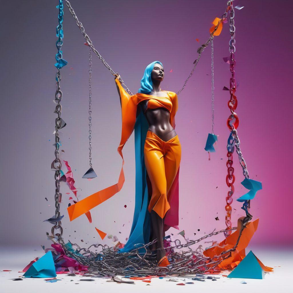 A bold figure breaking chains, symbolizing freedom from conformity, standing against a backdrop of traditional evaluation tools like papers and scales. The figure exudes confidence, surrounded by vibrant colors representing creativity and rebellion. Elements like shattered glass and abstract shapes enhance the sense of liberation. super-realistic. vibrant colors. dynamic composition.