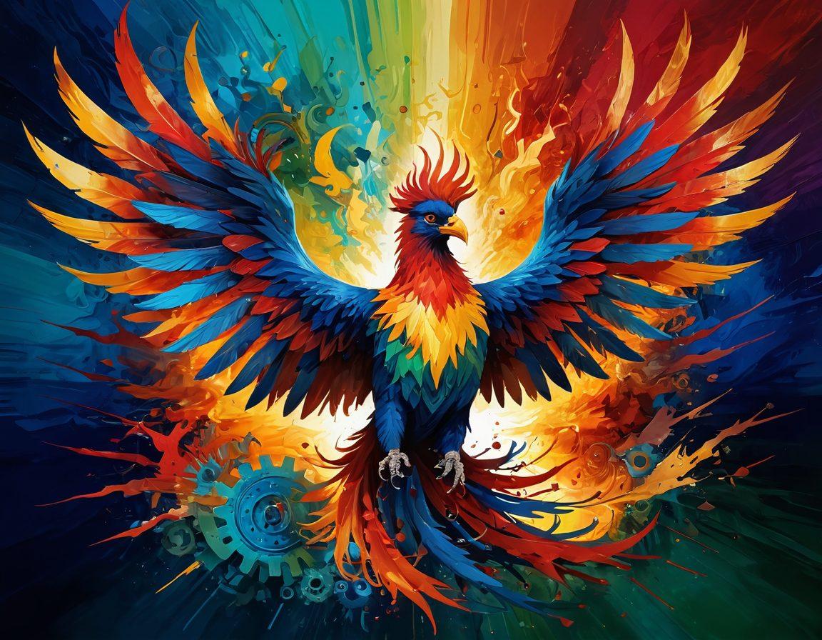 An abstract representation of a phoenix rising from ashes, symbolizing transformation and defiance, surrounded by fragmented evaluation forms morphing into tools like gears and light bulbs. The background features dynamic brush strokes that convey movement and energy. The colors are vibrant reds and golds, contrasted with bold blues and greens. super-realistic. vibrant colors. dynamic composition.