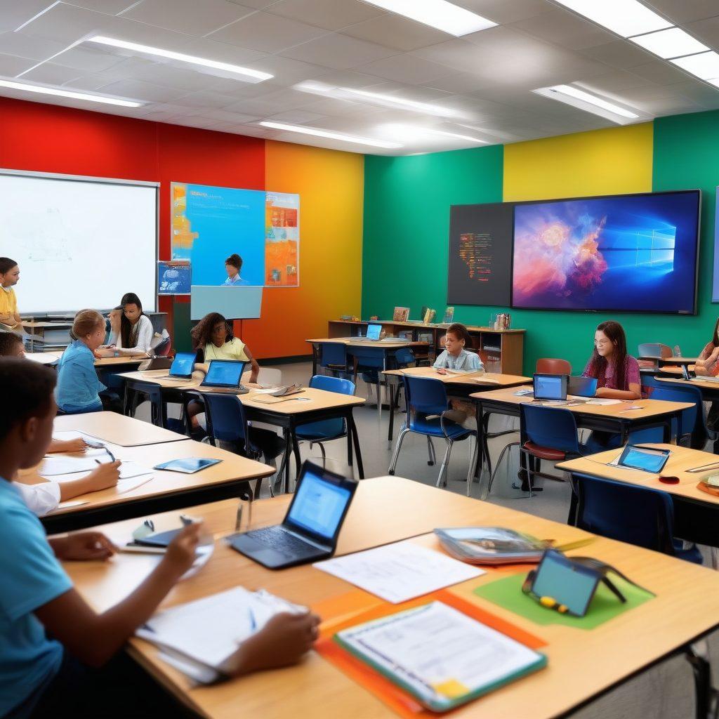 A dynamic scene featuring diverse students engaging in innovative assessment methods, such as interactive technology, group discussions, and creative projects. The background represents a traditional classroom transforming into a modern learning environment with vibrant colors and innovative tools. Various assessment forms like digital screens, art supplies, and collaboration areas should be visible, showcasing confrontation with conventional evaluation methods. super-realistic. vibrant colors. modern classroom.